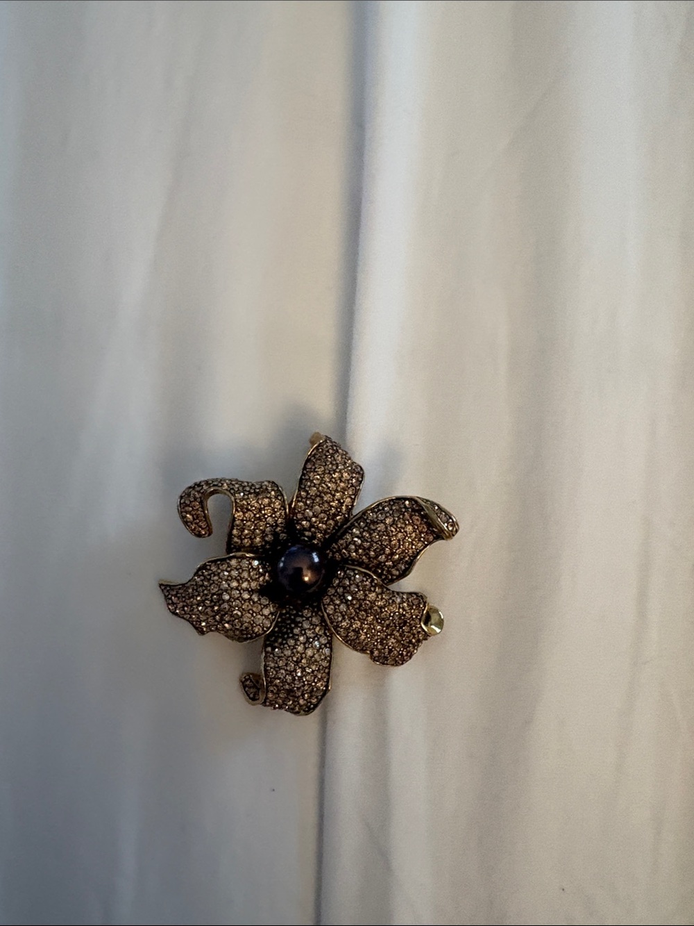 Vintage Carolee Crystal Flower Brooch with Black Pearl Center
